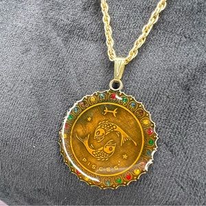 Vintage Pisces Necklace Gold Rhinestone zodiac